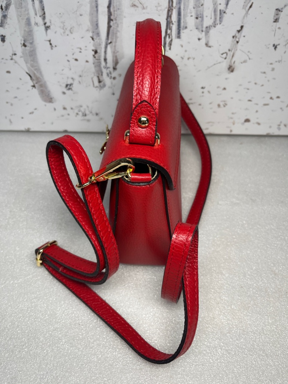 Italian Leather Clutch Crossbody Top Handle Red Bag Bee Closure - Picture 4 of 11